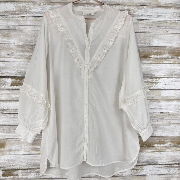 KAREN by Simonsen Ruffle Balloon Sleeve White Peasant Long Shirt Top Size 12 - Picture 2 of 16